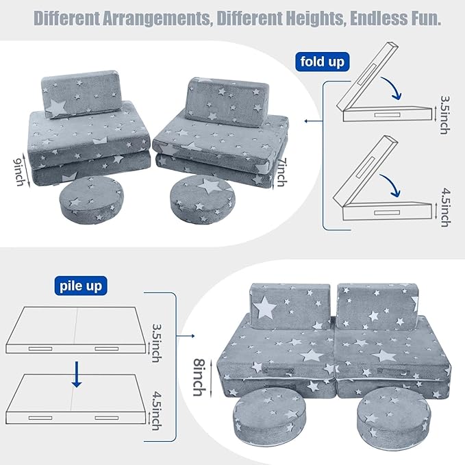 MeMoreCool 8-Piece Kids Modular Play Couch — Glow-in-The-Dark Star Foam Sofa Set - Image 7