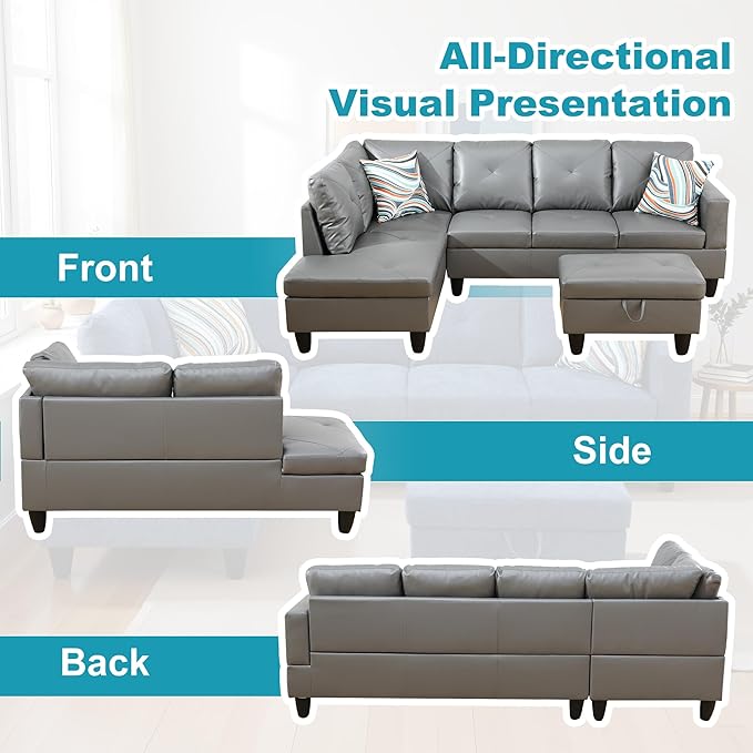 L Shaped Couch Faux Leather Sectional Couch Upholstered 3 Pieces Sofas - Image 6