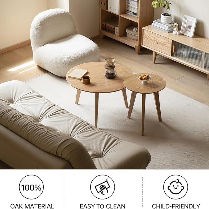 100% Solid Oak Wood Coffee Table Set, Round Coffee Table Combo Side Table - Image 4