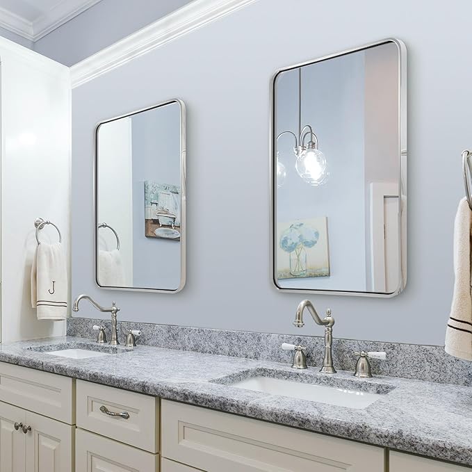 ANDY STAR 28x36 INCH Brushed Nickel Mirror, Rounded Rectangle Brushed Silver - Image 9