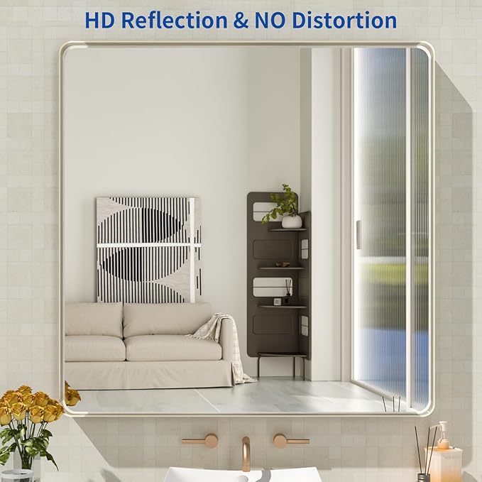 WEER 36X36 Inch Brushed Nickel Bathroom Mirror, Brushed Silver Metal Frame - Image 2