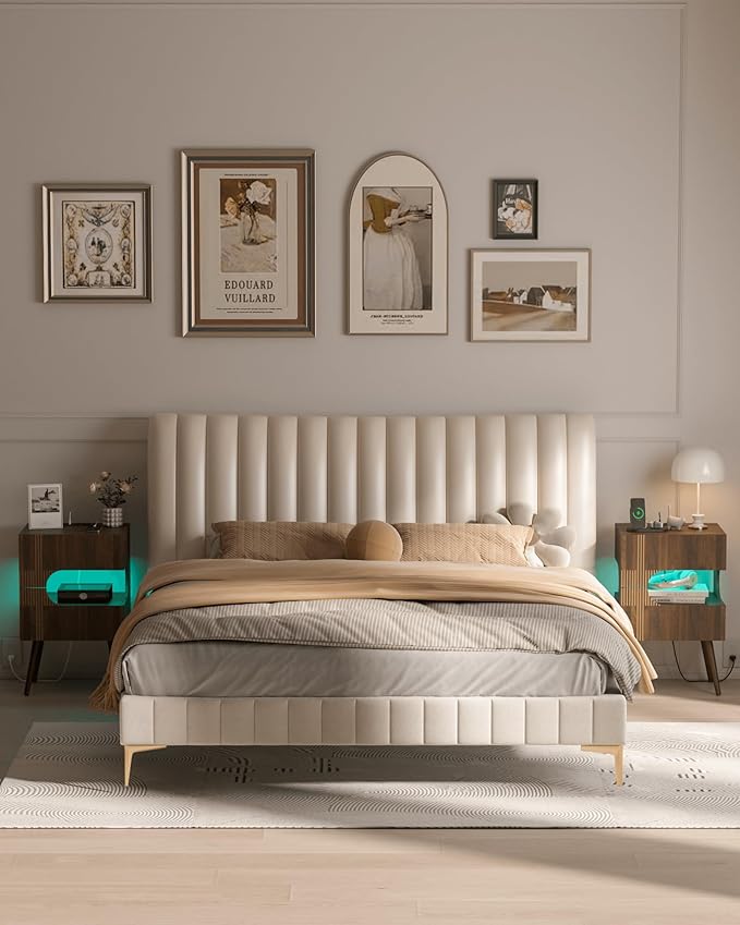 Nightstand with Charging Station and LED Lights, Modern Bedside Table with 2 - Image 7