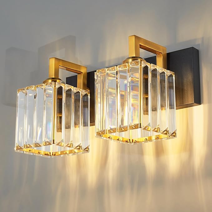 Modern Bathroom Vanity Light 2-Lights Black Gold Crystal Wall Lamp Bathroom by FDPBY