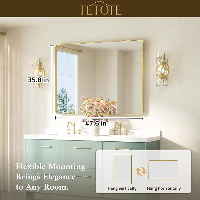 TETOTE 48 x 36 Inch Gold Mirrors Brushed Gold Metal Framed Bathroom Mirror - Image 7