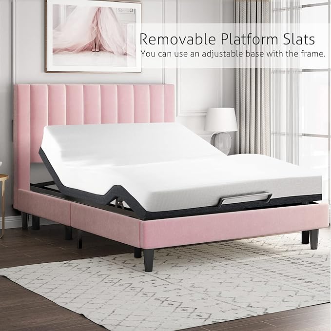 SHA CERLIN King Bed Frame/Velvet Upholstered Platform Bed Frame - Image 7