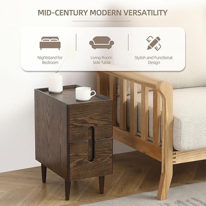 Solid Wood Bedside Table Nightstands, Slim Narrow Oak Real Wooden Mid-Century - Image 4