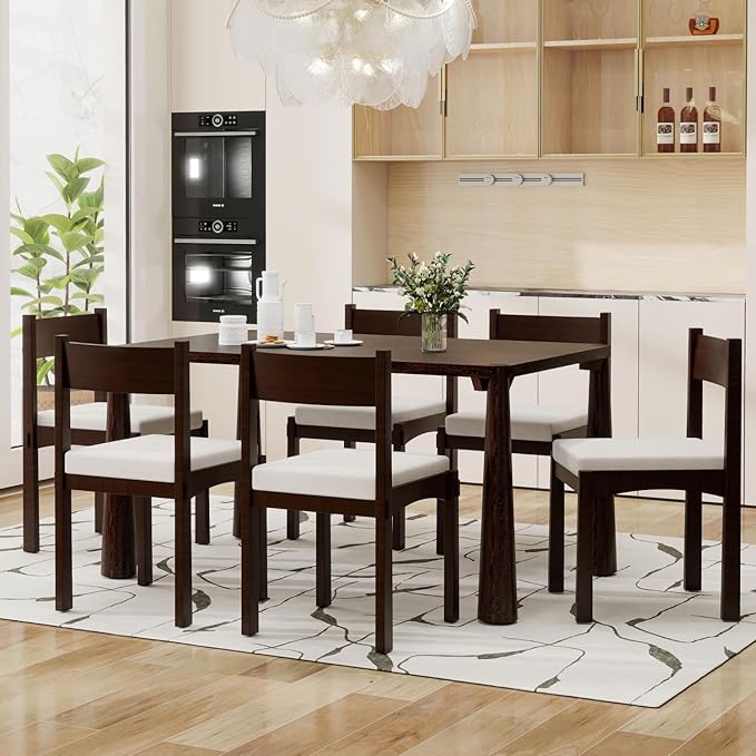 Dining Table with Chairs Set of 6, 7-Piece 60" Farmhouse Rectangular Dining - Image 6