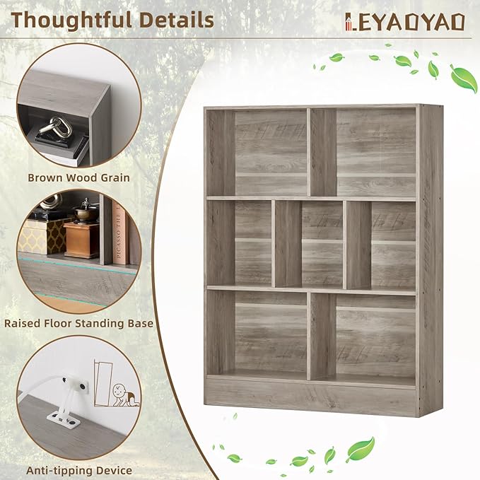 LEYAOYAO 7 Cube Bookshelf with Base, 3 Tier Mid-Century Modern Grey Bookcase - Image 5