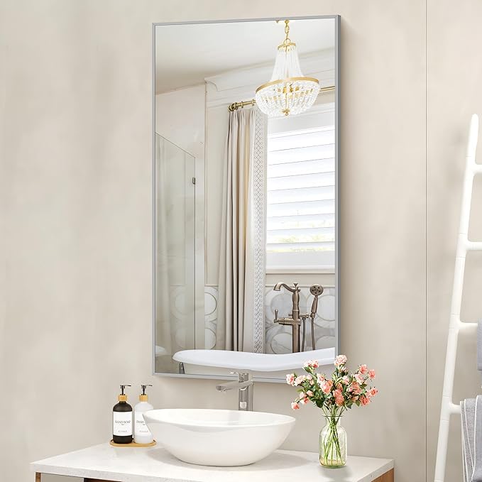 48x24In Silver Bathroom Mirror for Wall, Brushed Nickel Rectangle Mirrors - Image 2