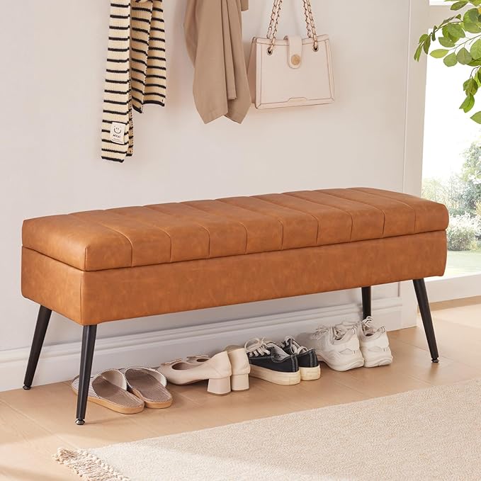 CUYOCA Storage Ottoman Bench, 43.5" Faux Leather Upholstered Entryway Bench - Image 3