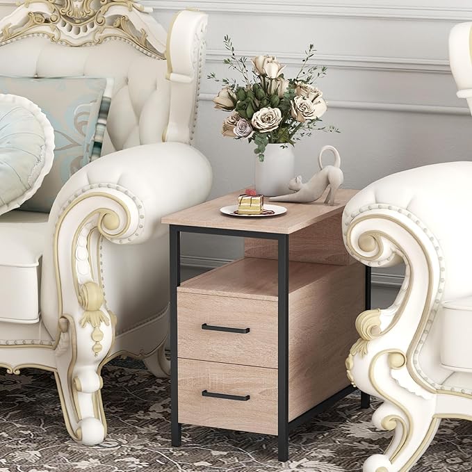 Side Tables with Charging Station, Narrow End Table with 2 Wooden Drawers - Image 7