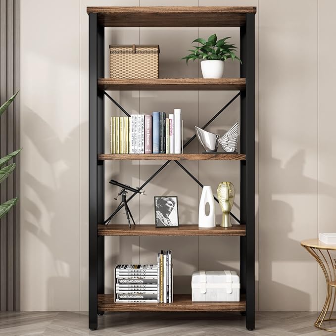 5 Tier Industrial Solid Wood Bookshelf, Open Etagere Bookcase - Image 5