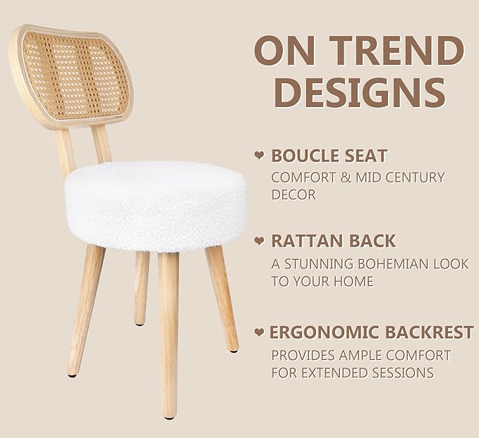 Rattan Dining Chair, Kitchen Dining Room Chairs, Mid Century Modern Boucle Chair - Image 4
