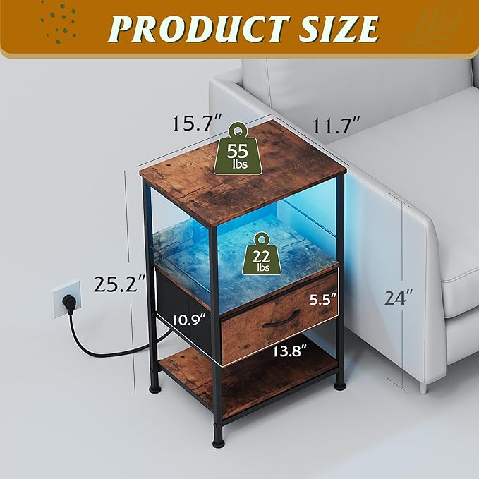 WLIVE Night Stand with Charger Station, LED Nightstand with Adjustable Fabric - Image 3
