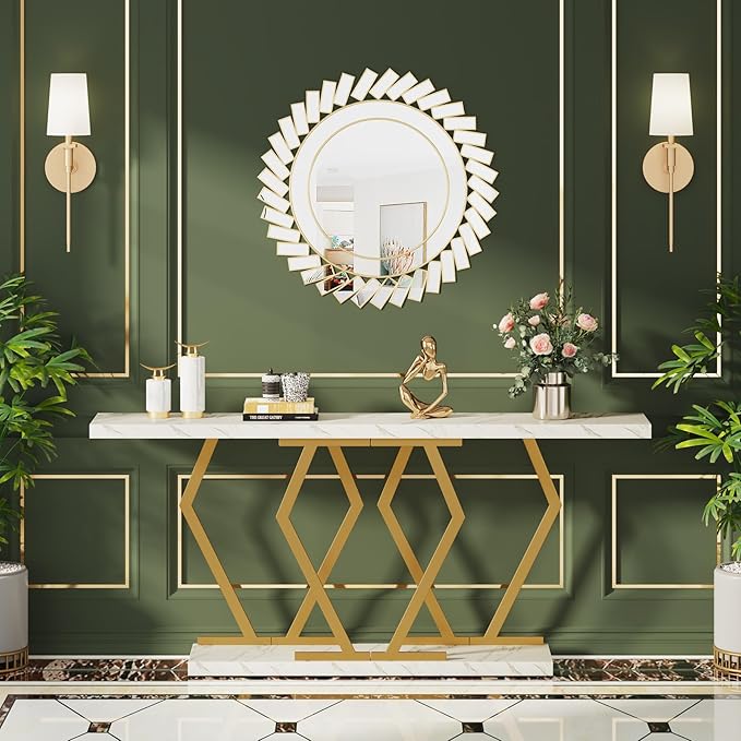 Tribesigns 70.9 Inch Extra Long Sofa Table， White and Gold Console Table - Image 3