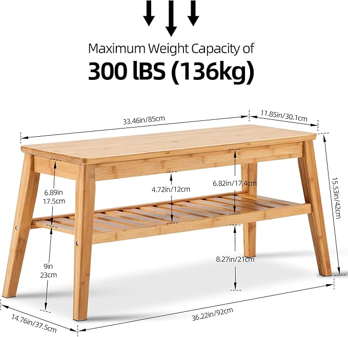 Nnewvante 33.46" Bamboo Entryway Bench, 2 Tier Indoor Storage Bench, Wood Bench - Image 2