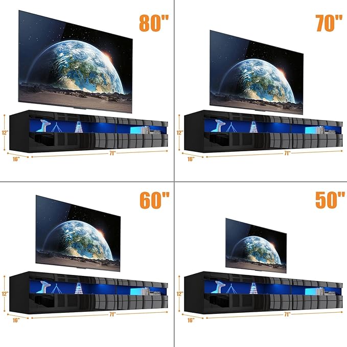 Floating TV Stand with Led Lights, 71 inch Wall Mounted TV Shelf with Power - Image 5