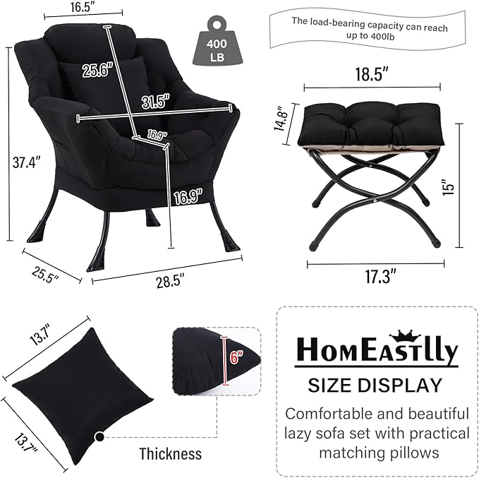Lazy Chair with Ottoman, Modern Lounge Accent Chair with Armrests and a Throw - Image 3