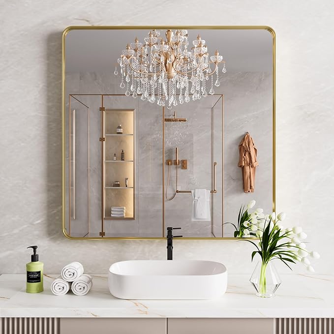 Gold Bathroom Mirror, 36x36 Inch Brushed Gold Metal Frame Mirror - Image 2