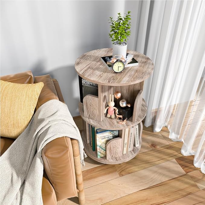 Nidouillet Small Rotating Bookshelf, 2 Tier Revolving Bookcase 360° Display - Image 9