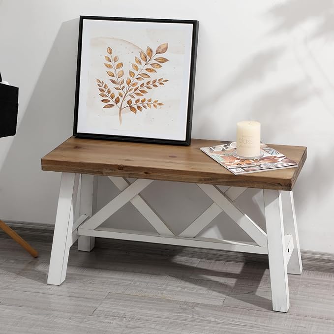 Wnutrees 30" Farmhouse Wood Bench, Rustic Solid Wood Entryway Bench Seat by Wnutrees