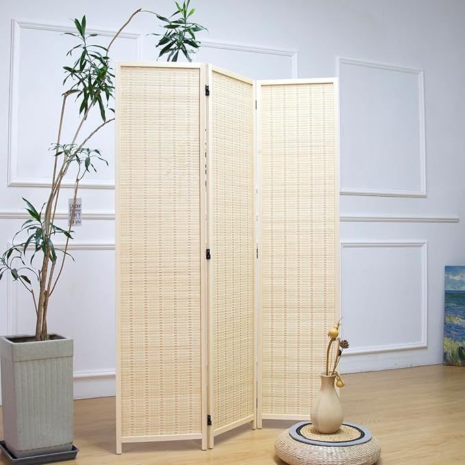 3 Panel Room Divider and Folding Panel Screen, Bamboo Panel Divider Screen - Image 4