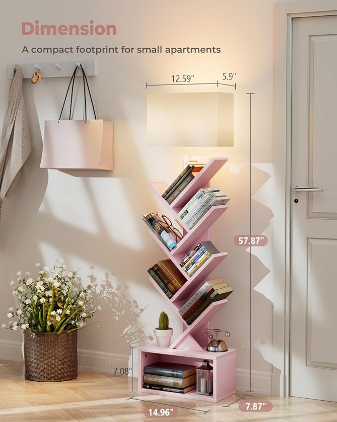6 Tier Tree Bookshelf with Light, Narrow Bookcase Tower, Tall Floor Standing - Image 2