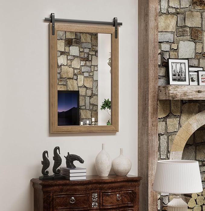 Farmhouse Wall Mirror, Rustic Wood Frame Bathroom Mirror Barn Door Inspired by PAIHOME