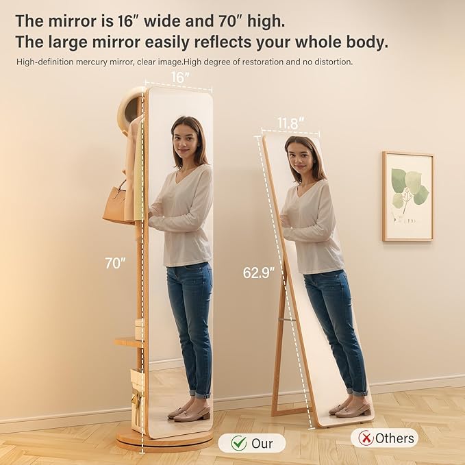 70"x16"Full Length Mirror with Stand, Coat Rack with Mirror, Solid Wood Floor - Image 3