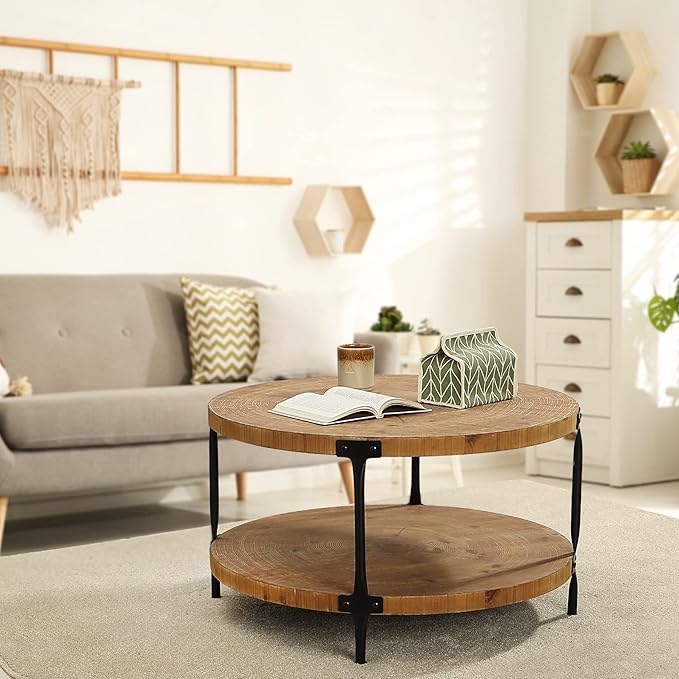 Round Boho Wood Coffee Table - Image 2