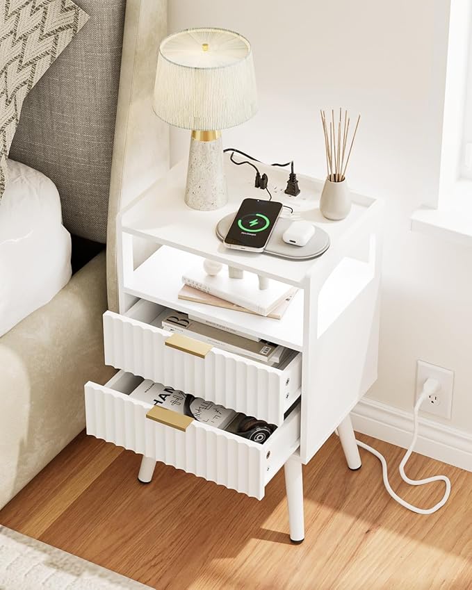 Nightstand with Charging Station and LED Lights, Modern Bedside Table with - Image 5