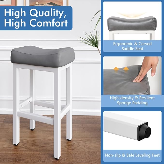 29 Inch Bar Height Bar Stools Set of 2, Backless Bonded Leather Bar Height - Image 3