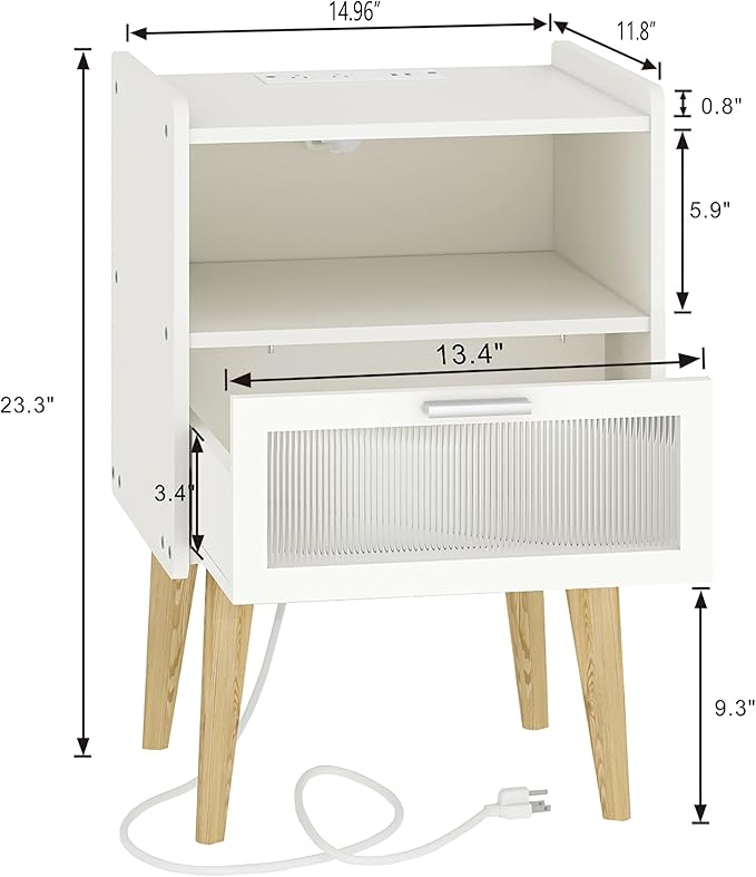Nightstand with Charging Station, Bedside Tables with Glass Decorative Door - Image 3