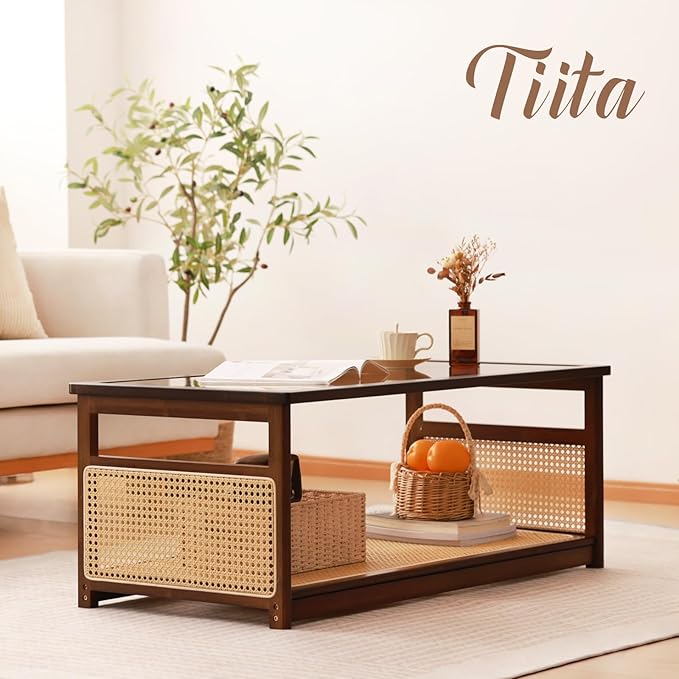 Tiita Coffee Tables for Living Room，Mid Century Modern Storage 2-Tier Coffee - Image 7