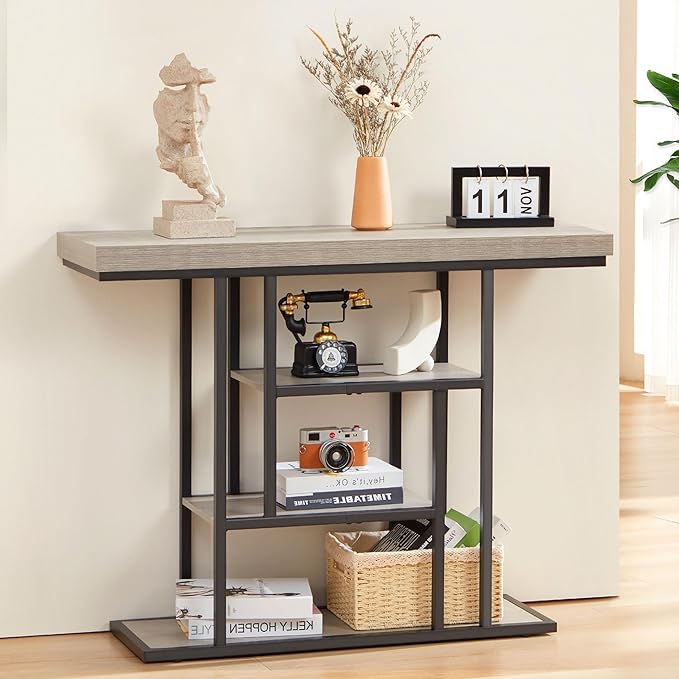 HABUTWAY 42" Industrial Console Table, Narrow 4-Tier Wood Entryway Table - Image 3