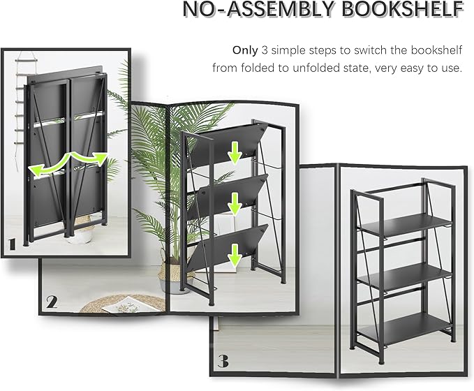 4NM No-Assembly Folding Bookshelf Storage Shelves 3 Tiers Vintage Bookcase - Image 5