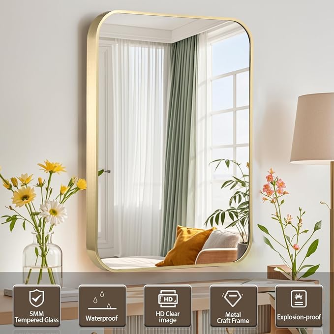 Gold Bathroom Mirror, 20x28 Inch Brushed Gold Mirror, Aluminum Alloy Framed - Image 2