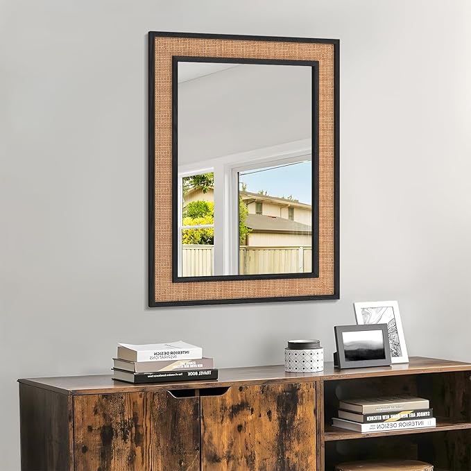 Rattan Wall Mirror with Wooden Framed 24 X 32 inch Farmhouse Rectangle Wood - Image 6