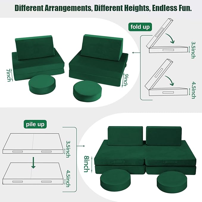 MeMoreCool 8-Piece Modular Kids Play Couch – Green Convertible Foam Toddler Sofa - Image 3