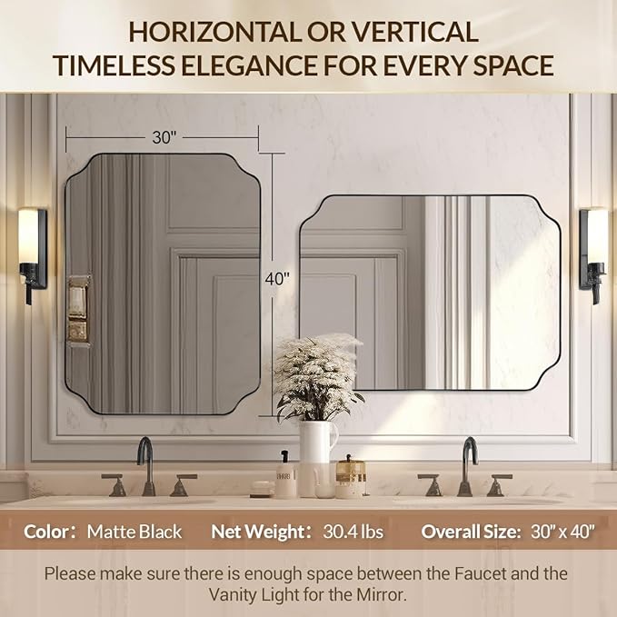 30"x40" Large Bathroom Mirror, Matte Black Scalloped Mirror - Image 2