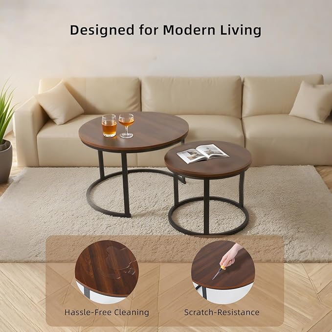 FAHKNS Nesting Coffee Table Set of 2, 27.56" & 19.68" Round Simple Industrial - Image 4