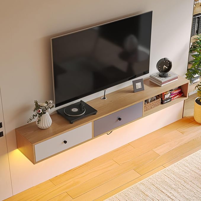 Modern Floating TV Stand with Doors, 70 Inch Wall Mounted TV Console, Floating - Image 3