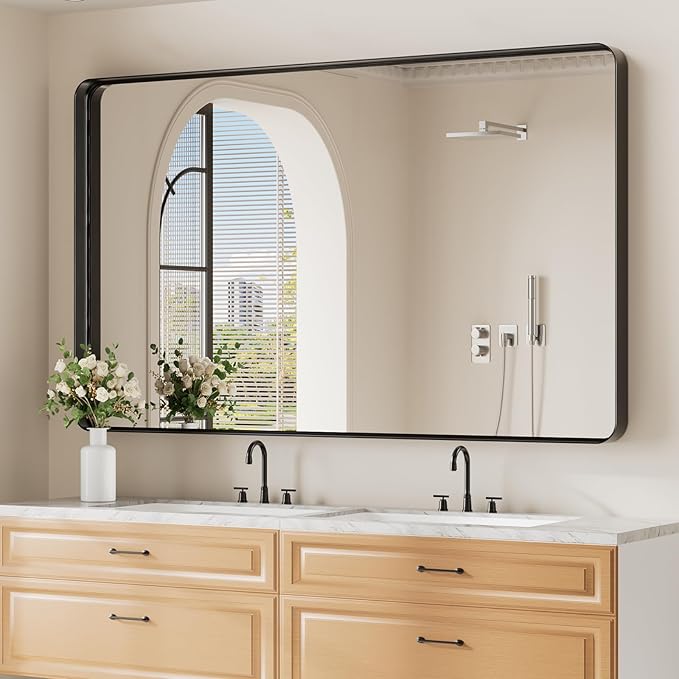Koonmi Black Wall Mirror for Bathroom, 36x60 Inch Matte Deep Framed Rounded by KOONMI