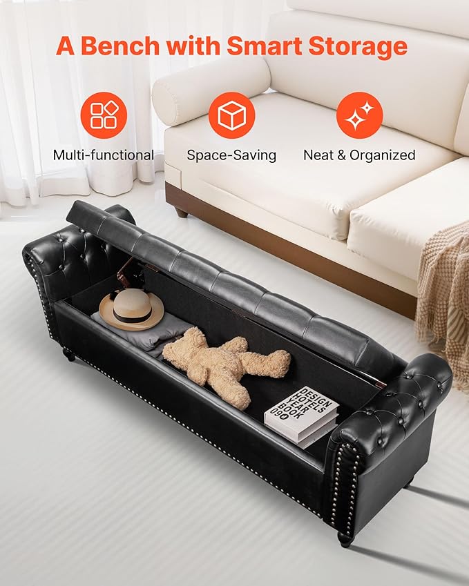 VEVOR Button-Tufted Storage Ottoman Bench, Rolled Arm PU Leather Bench - Image 5