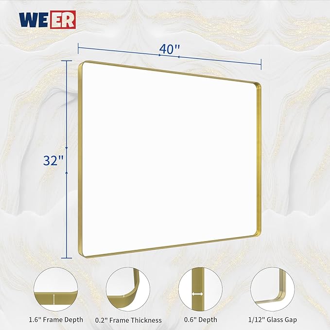 WEER Gold Bathroom Mirror, 40X32 Inch Brushed Gold Metal Frame Mirror, Rounded - Image 6