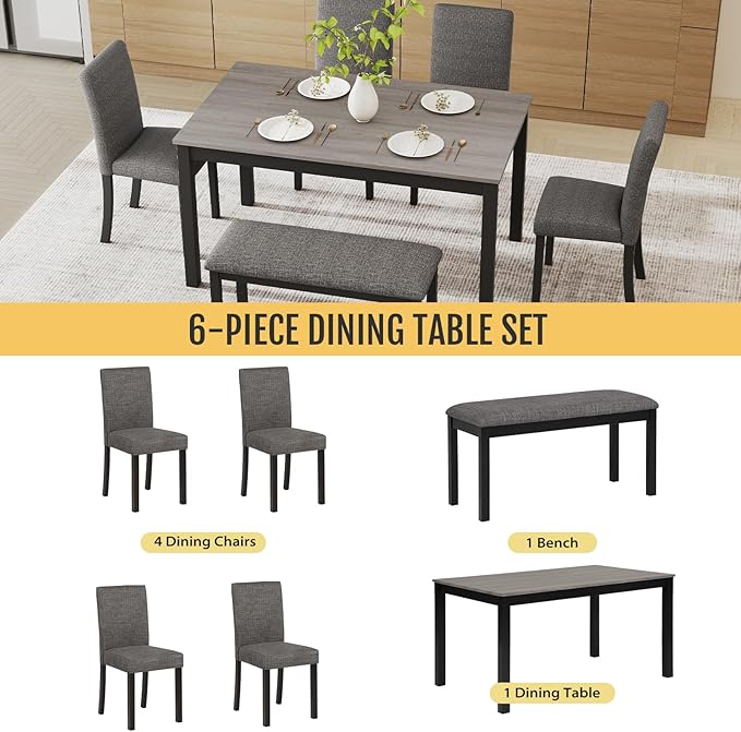 6-Piece Solid Wood Dining Table Set, Including 1 Dining Table, 4 Upholstered - Image 4