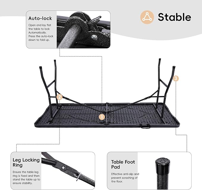 Folding Table 6FT HDPE 6 Foot Foldable Table Portable Banquet Surface - Image 7