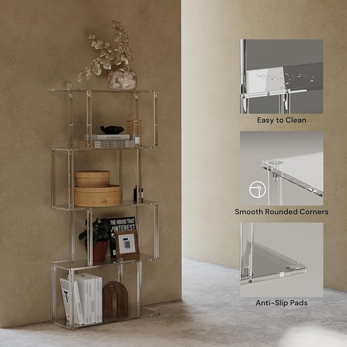 Acrylic Geometric Bookshelf, 5-Tier Clear S Shaped Bookcase, Unique Book Shelf - Image 4