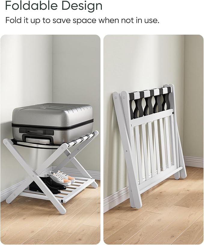 Fully Assembled White Bamboo Luggage Rack, 5 Straps Folding Suitcase Stand - Image 3
