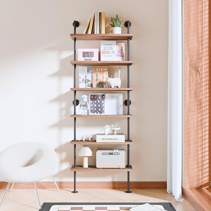 Pipe Industrial Shelves, Wall Mounted Wood Metal Ladder Rustic Bookshelf - Image 9